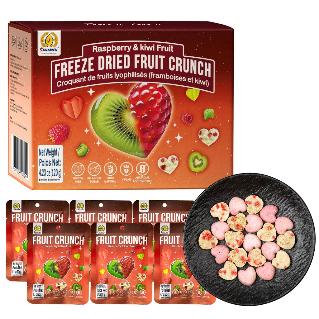 Sungiven Freeze Dried Fruit Crunch Crisps - Raspberry & Kiwi, 4.23oz (6 Pack)