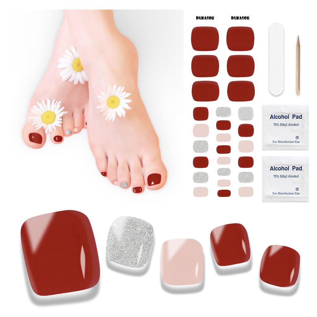 Dukasou Semi-Cured Gel Toenail Strips - Fire Brick Red, 26pcs.