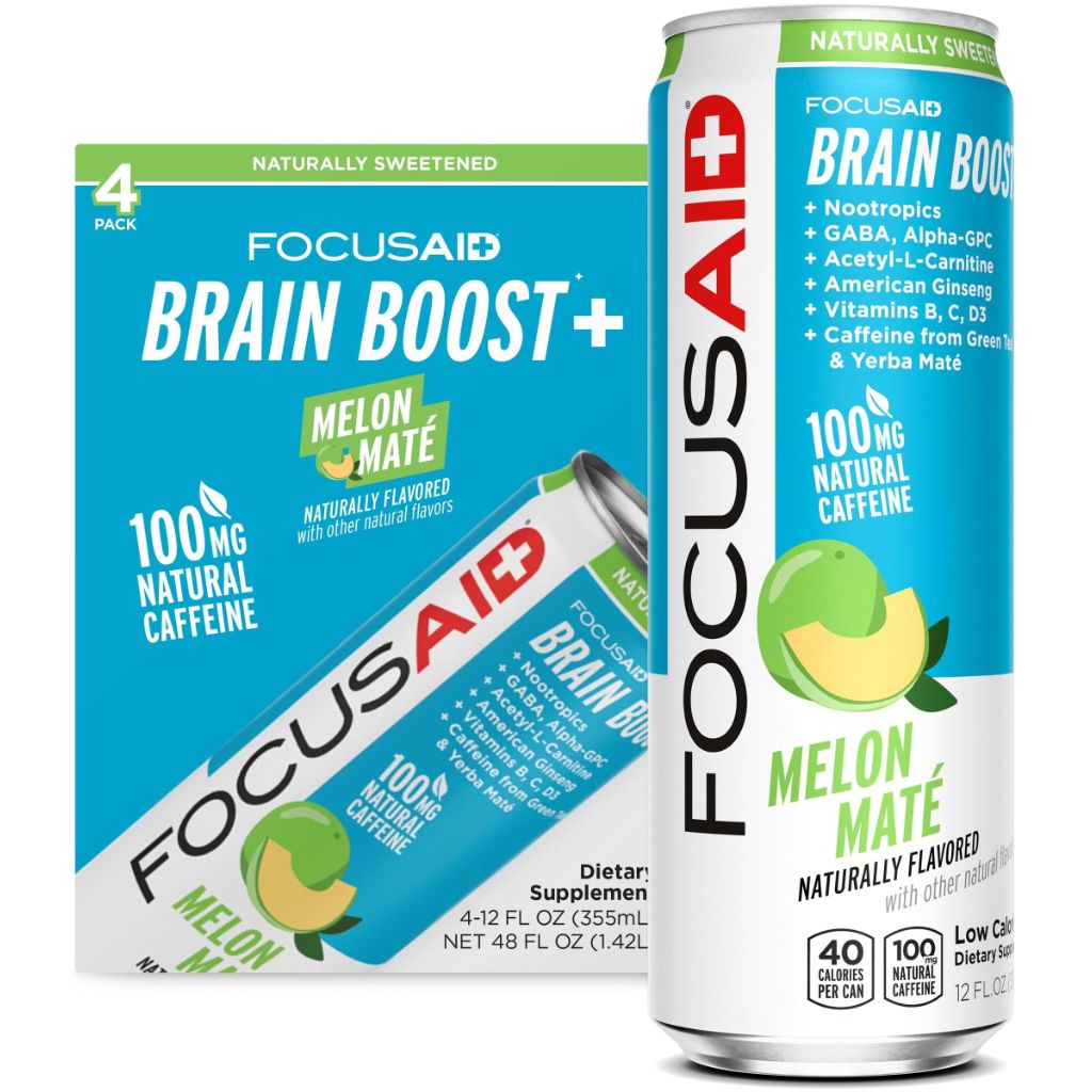FocusAid Brain Boost + Energy Blend Drink 100mg Natural Caffeine - Melon Mate, 12 fl. oz. (4 Pack)