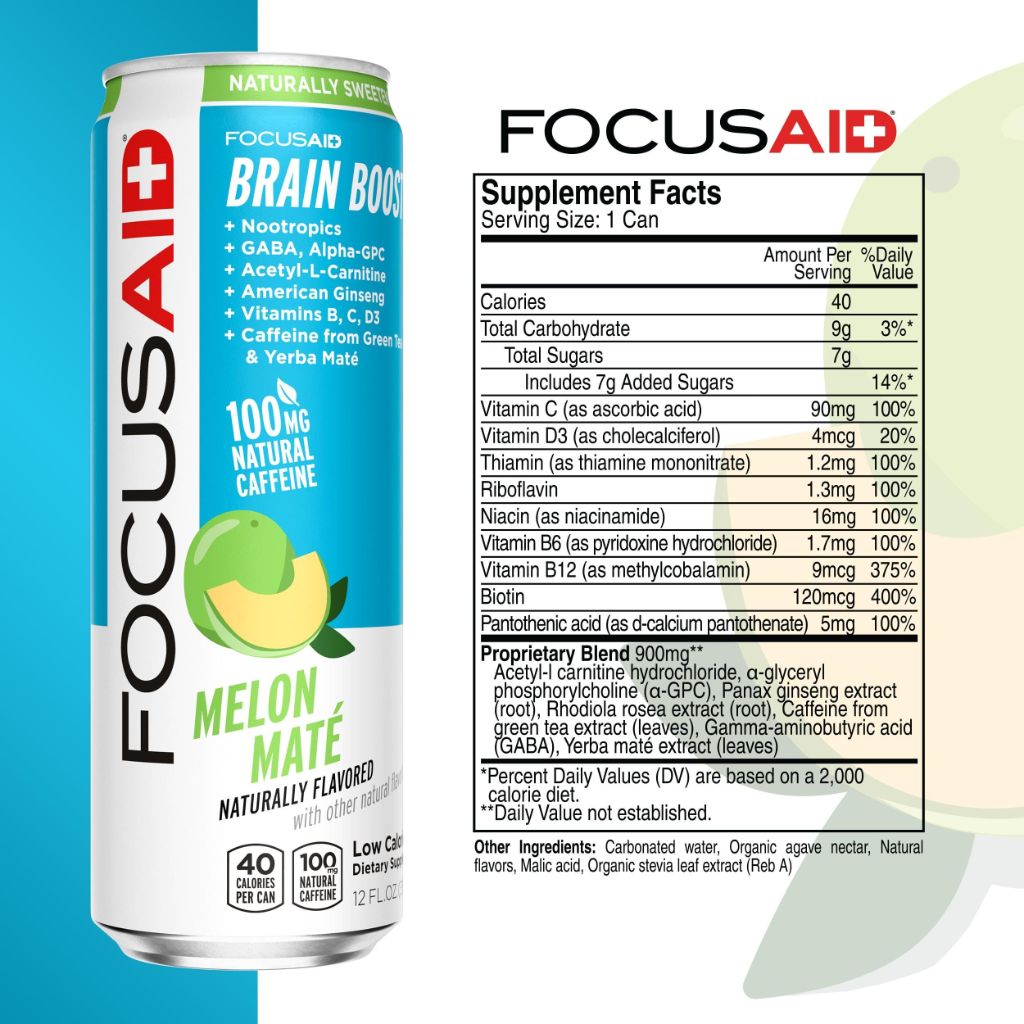 FocusAid Brain Boost + Energy Blend Drink 100mg Natural Caffeine - Melon Mate, 12 fl. oz. (4 Pack)