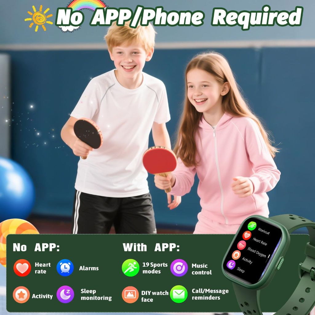 Heroange Kids Smart Watch, IP68 Waterproof Fitness Tracker with 1.83" Face, Sleep Monitor, 19 Sport Modes, Games - Green