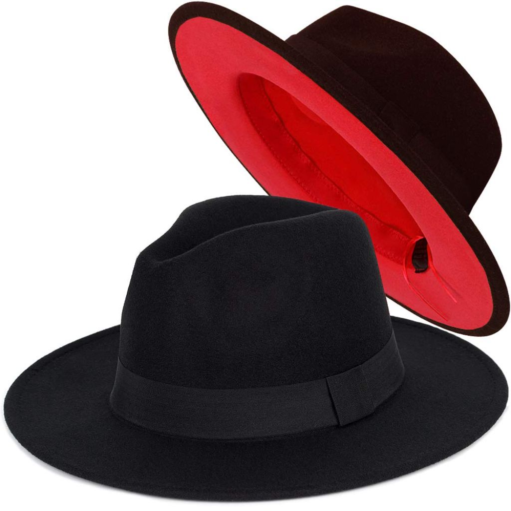 FADACHY Adult's Wide Brim Fedora Hat - Two Tone Black/Red Bottom, Large