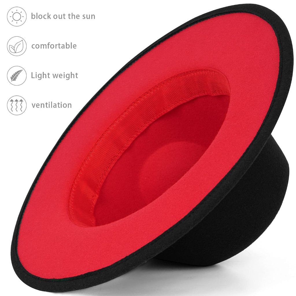 FADACHY Adult's Wide Brim Fedora Hat - Two Tone Black/Red Bottom, Large