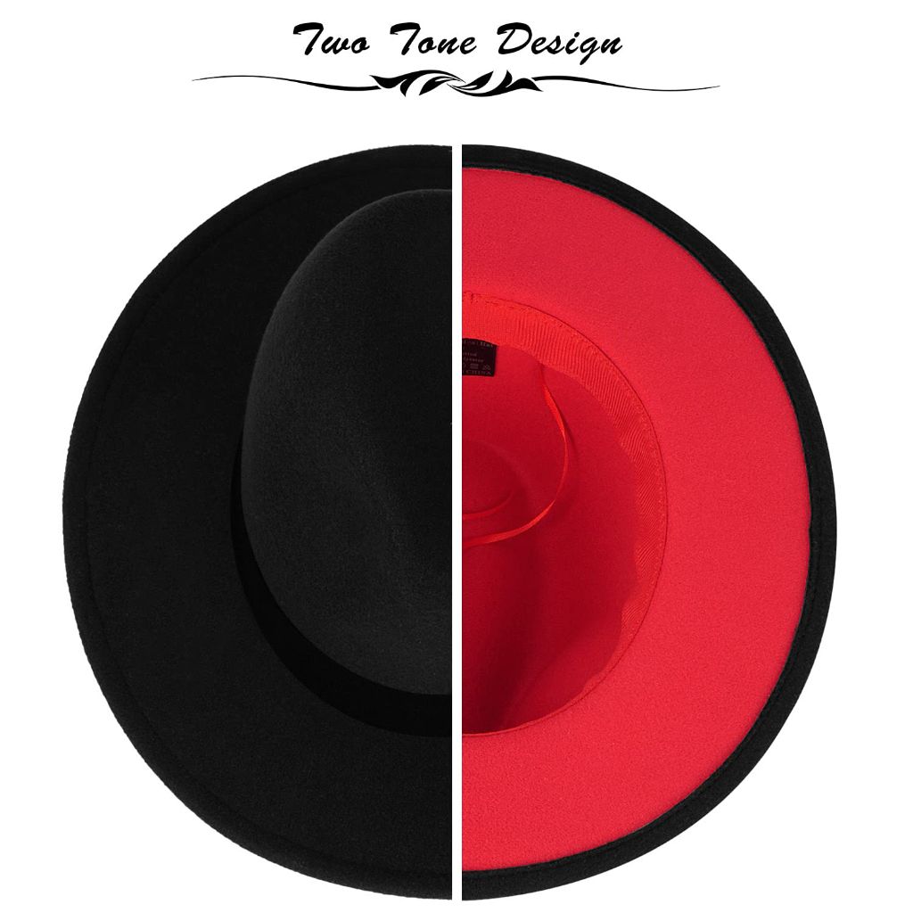 FADACHY Adult's Wide Brim Fedora Hat - Two Tone Black/Red Bottom, Large