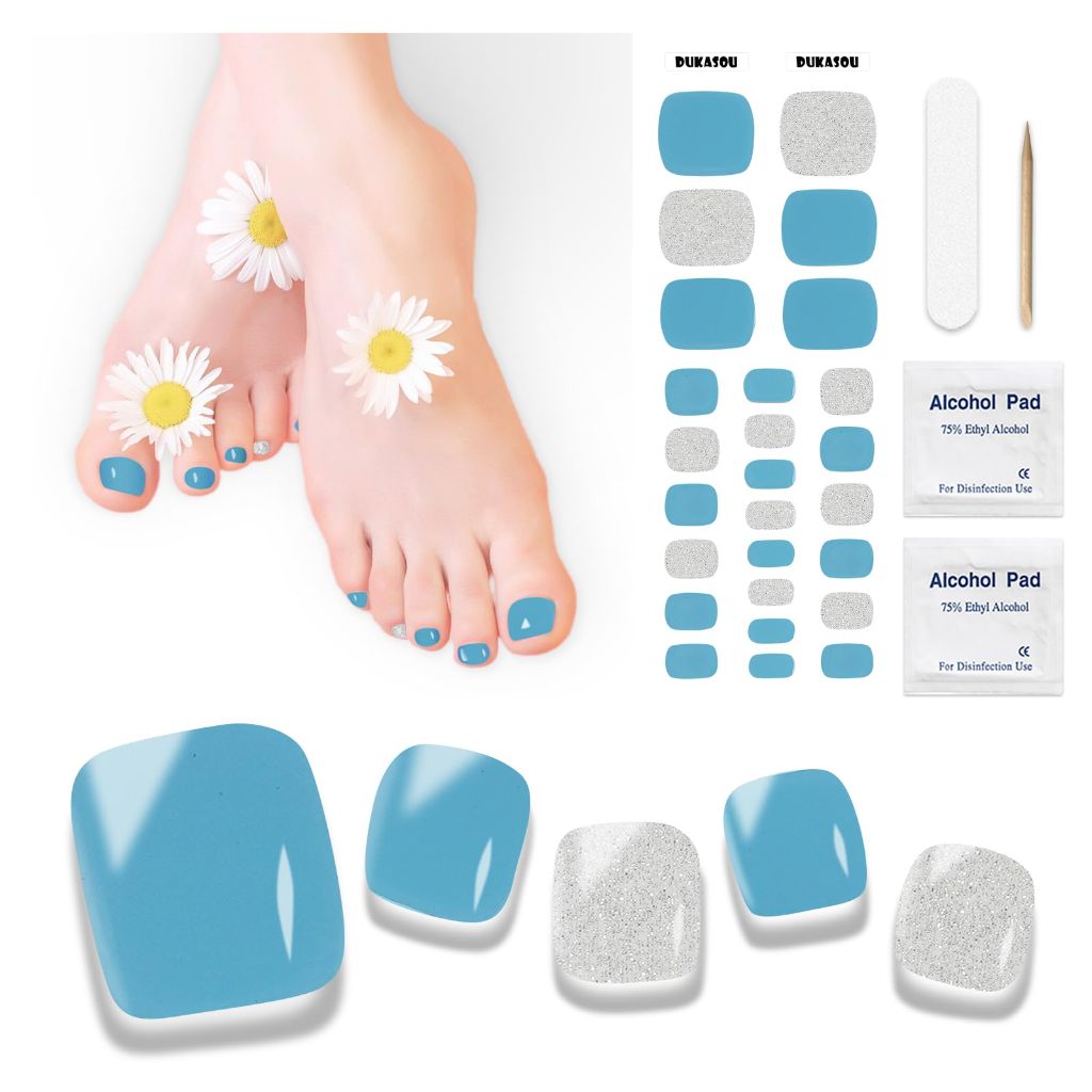 Dukasou Semi-Cured Gel Toenail Strips - Pale Sky Blue, 26pcs.