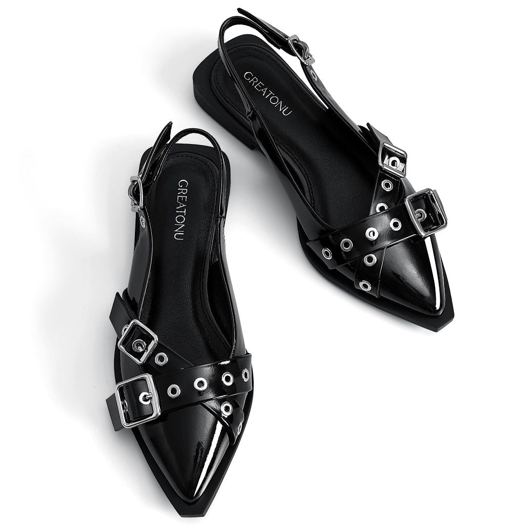 Greatonu Women's Slingback Flats with Buckle Design - Black, 7