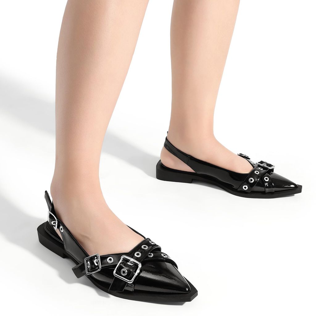 Greatonu Women's Slingback Flats with Buckle Design - Black, 7