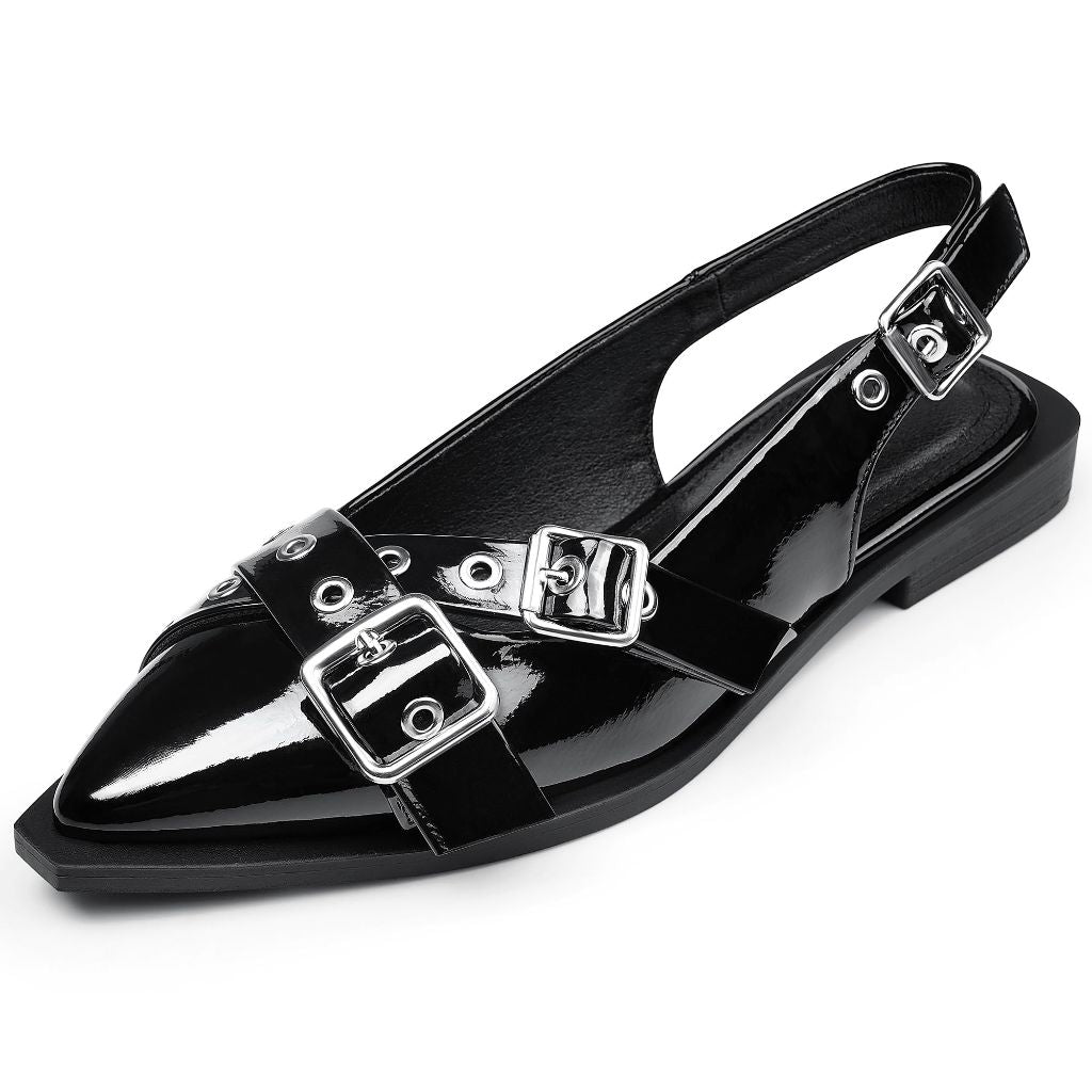 Greatonu Women's Slingback Flats with Buckle Design - Black, 7