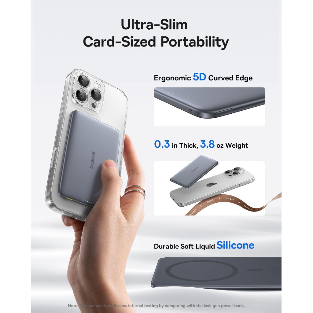 Baseus Picogo Power Bank, 0.3" Ultra Slim 5000mAh MagSafe w/USB-C Cable - Black
