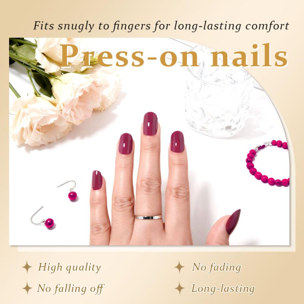 Kaely Press-On Medium Oval Glossy Nails - Burgundy Red, 24pcs.