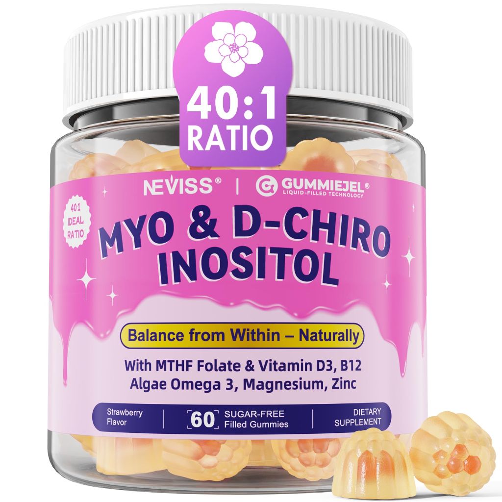 Myo-Inositol & D-Chiro Inositol Gummies w/Omega 3, Vitamin D3, B12, Magnesium & Zinc - Strawberry, 60ct.