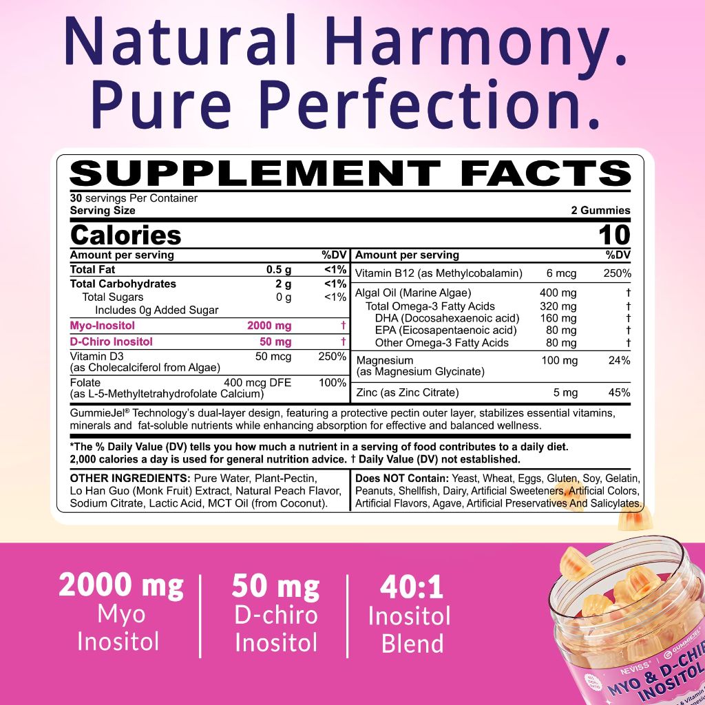 Myo-Inositol & D-Chiro Inositol Gummies w/Omega 3, Vitamin D3, B12, Magnesium & Zinc - Strawberry, 60ct.