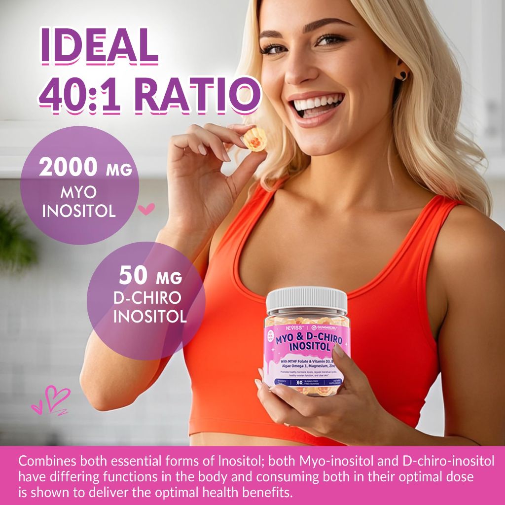 Myo-Inositol & D-Chiro Inositol Gummies w/Omega 3, Vitamin D3, B12, Magnesium & Zinc - Strawberry, 60ct.