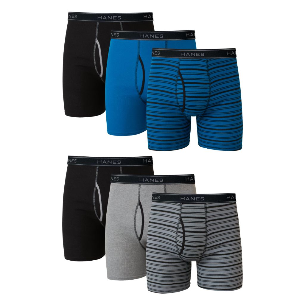 Hanes Men's Cotton Boxer Briefs - Blue/Gray/Black, Medium (6 Pair)