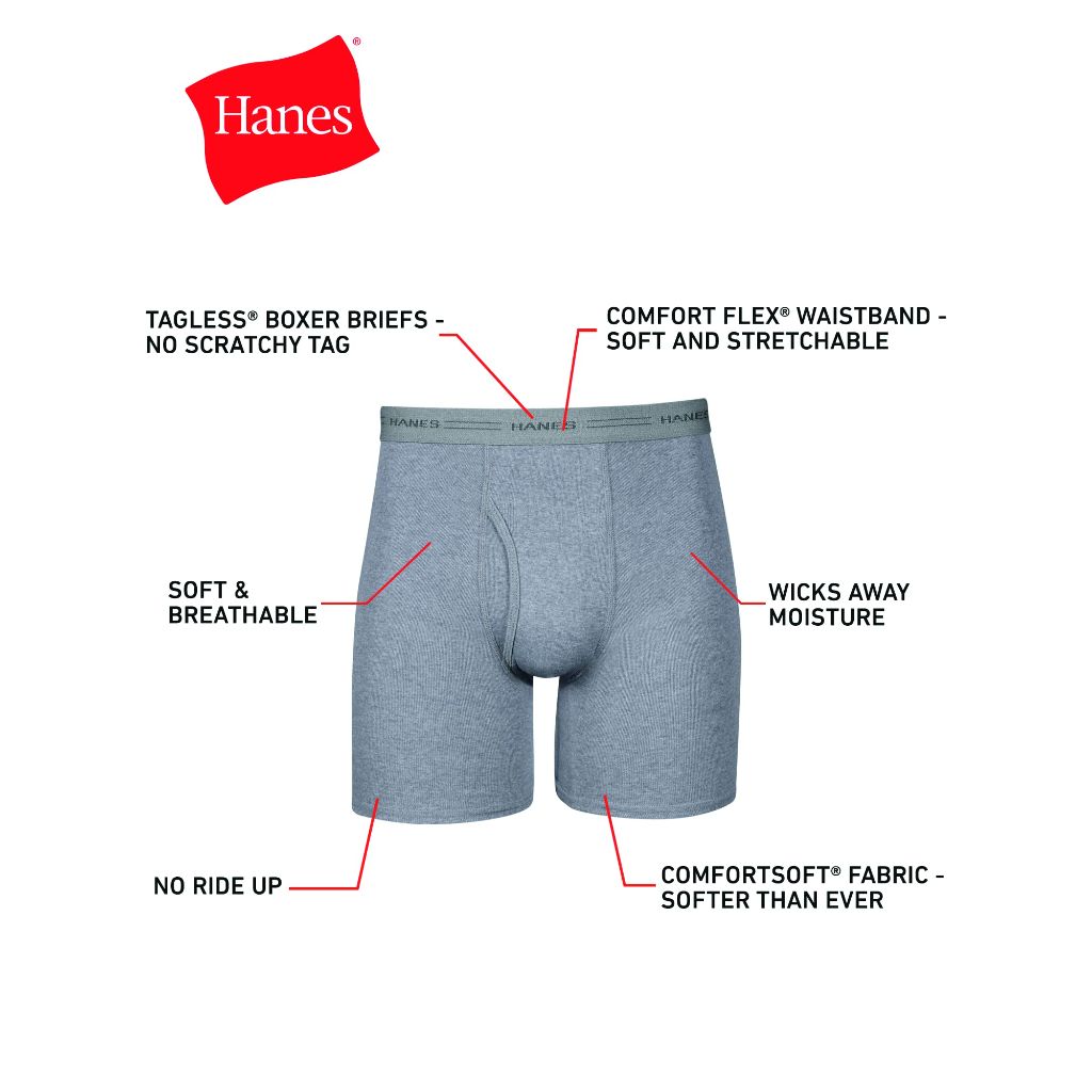 Hanes Men's Cotton Boxer Briefs - Blue/Gray/Black, Medium (6 Pair)