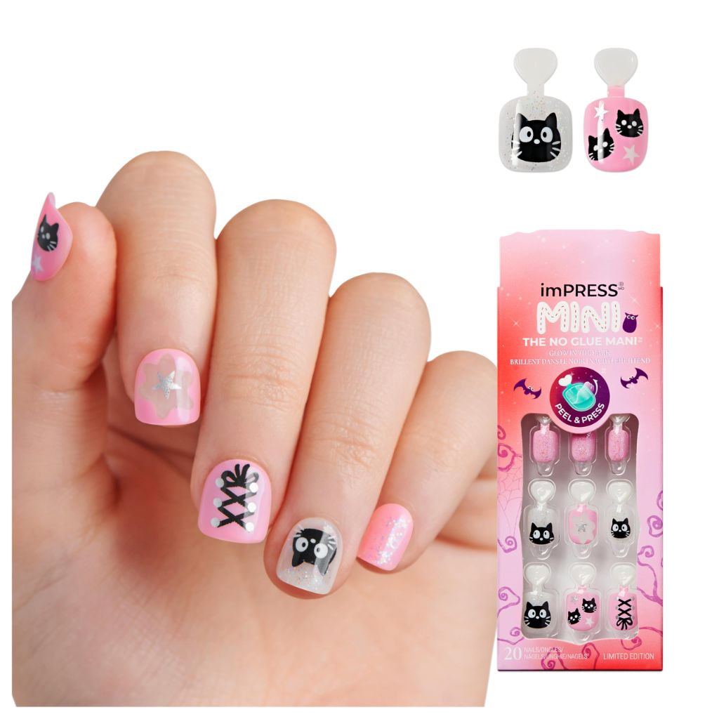 KISS imPRESS MINI Halloween Press On Nails for Kids - ‘Boo-Ya’, White & Pink, Squoval, 20 ct.