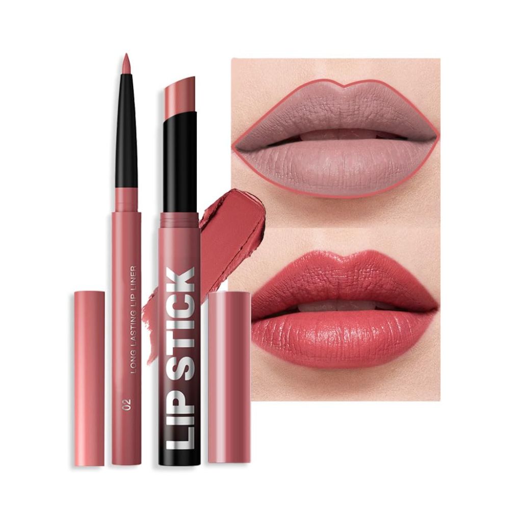 2-in-1 Matte Lip Liner and Lipstick Combo Set - Rose 02#