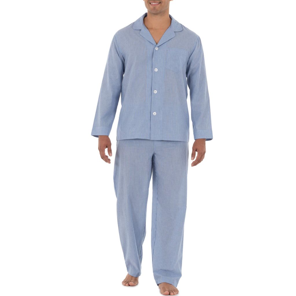 Fruit of the Loom Men's Long Sleeve Broadcloth Pajama Set - Blue Stripe, XL