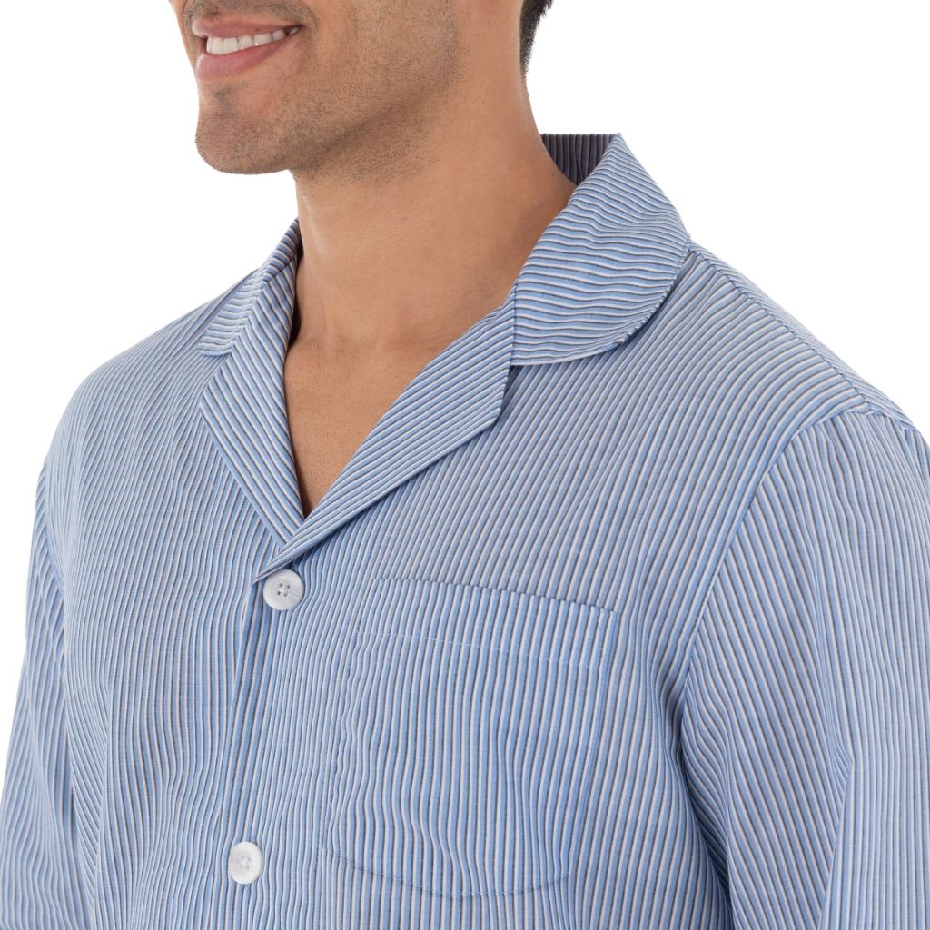 Fruit of the Loom Men's Long Sleeve Broadcloth Pajama Set - Blue Stripe, XL