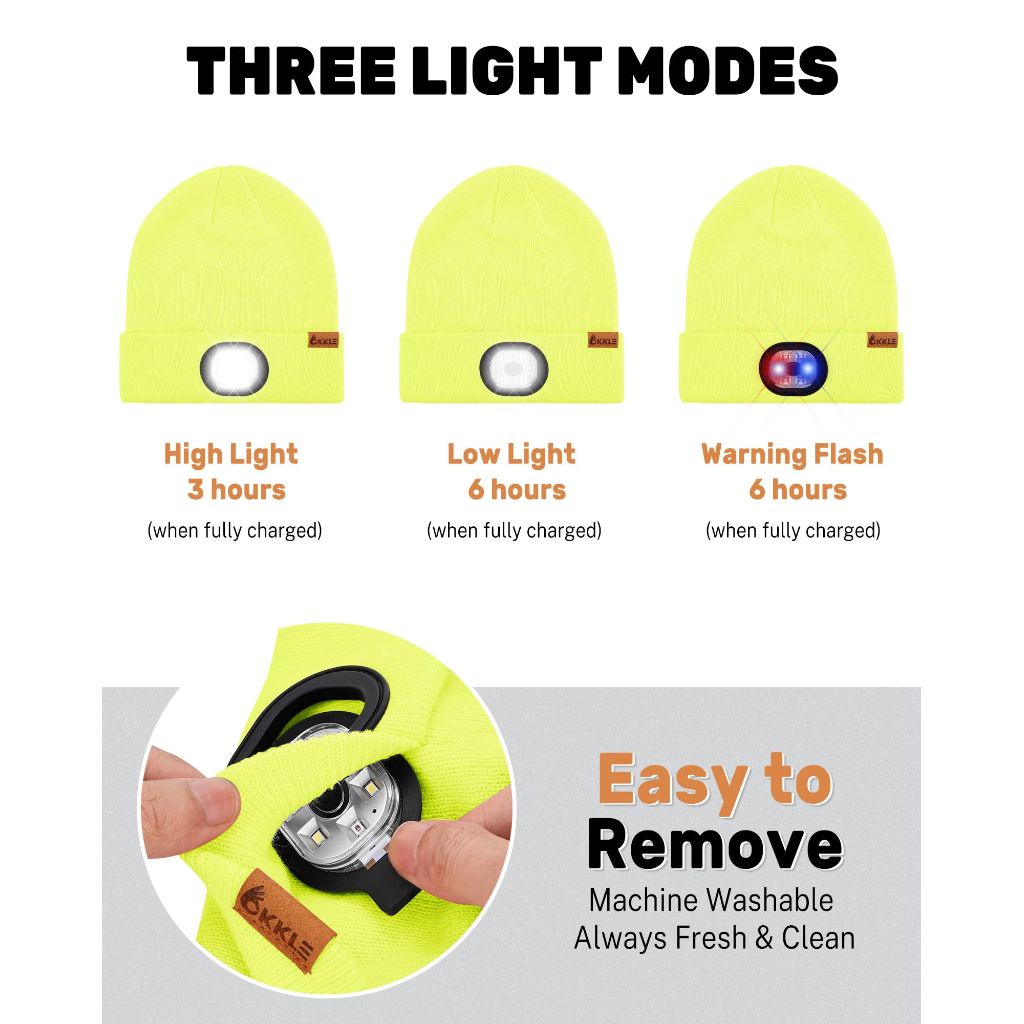 OKKLE LED Beanie Hat with Light - Fluorescent Yellow, One Size