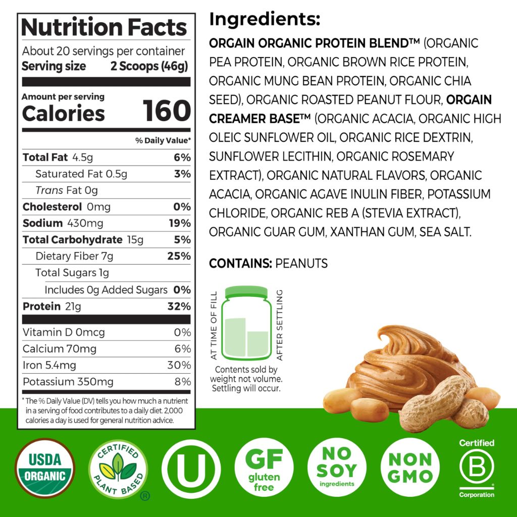 Orgain Organic Plant-Based Protein Powder - Peanut Butter, 2.03lb.
