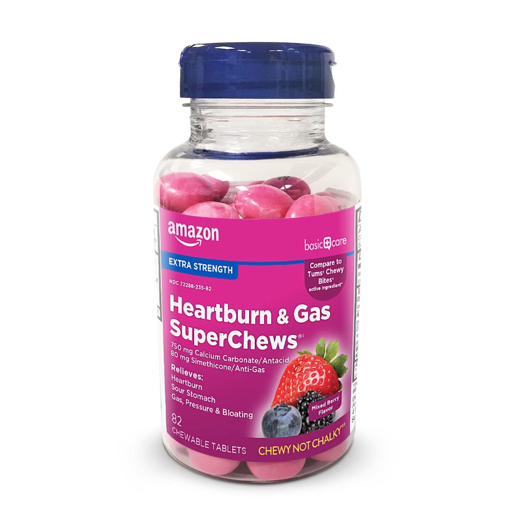 Amazon Basic Care Extra Strength Heartburn & Gas SuperChews - Mixed Berry, 82 Tablets