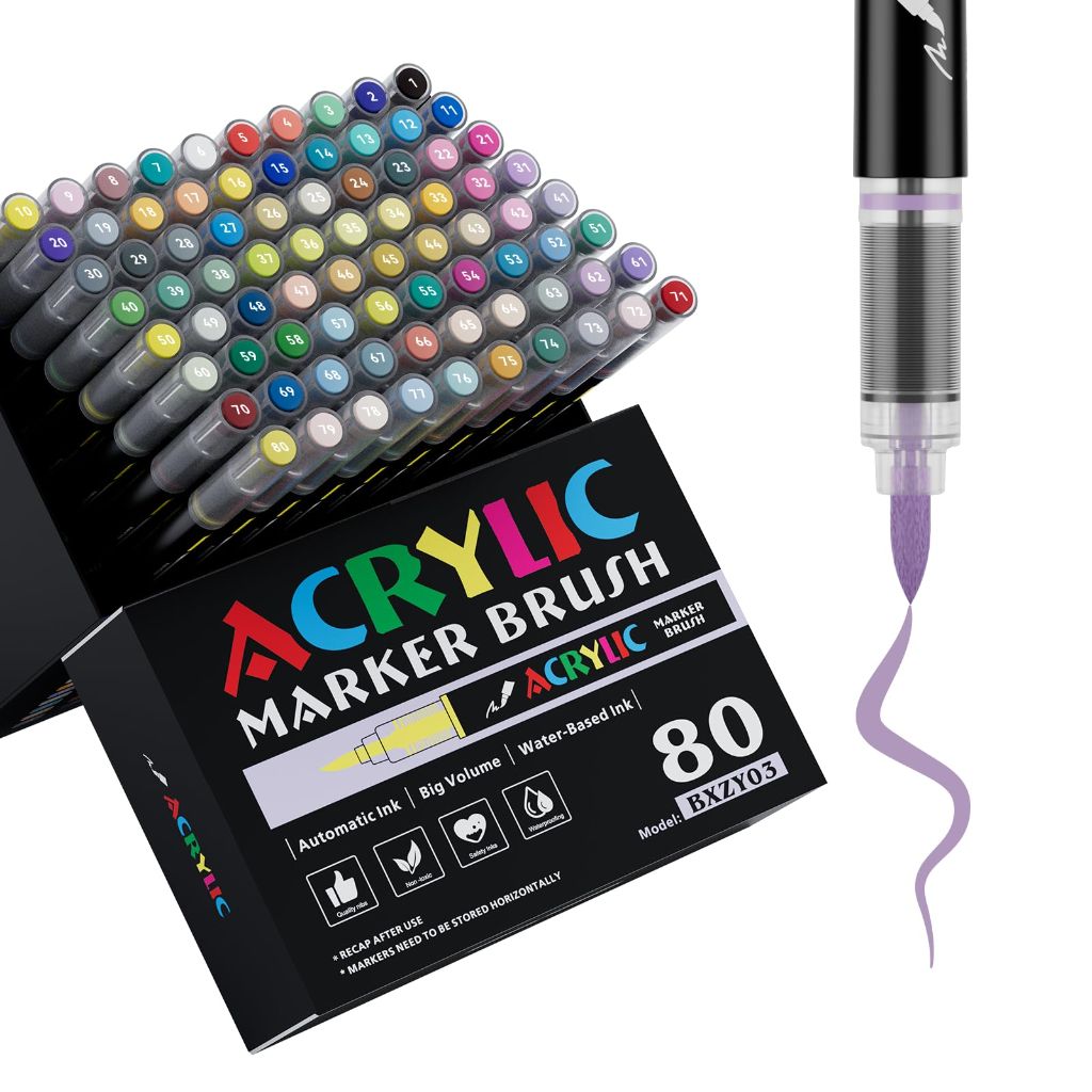 Genuisart Acrylic Markers With Brush Tip & Automatic Ink Control, Water Based (80 Colors)