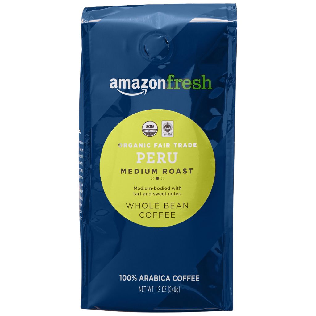 Amazon Fresh Organic Fair Trade Peru Medium Roast Whole Bean Coffee, 12oz Bag
