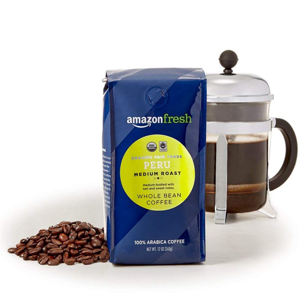 Amazon Fresh Organic Fair Trade Peru Medium Roast Whole Bean Coffee, 12oz Bag