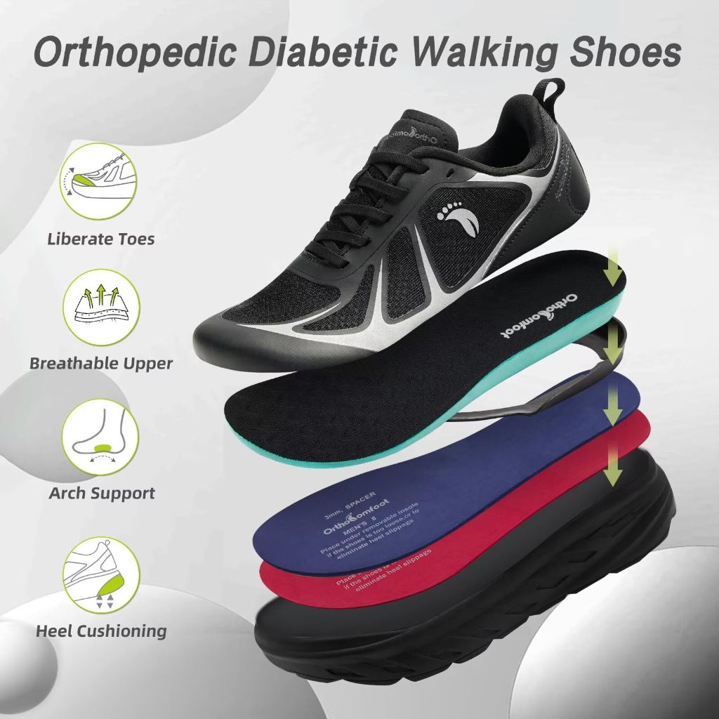 OrthoComfoot Men's Orthopedic Diabetic Wide Tennis Shoes - Black, Size 10
