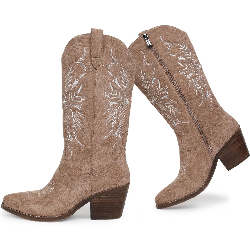 Gioanroca Cowboy Boots Classic Embroidered Pointy Toe Cowgirl Boot, Mid Calf Side Zipper (Beige Size 10)