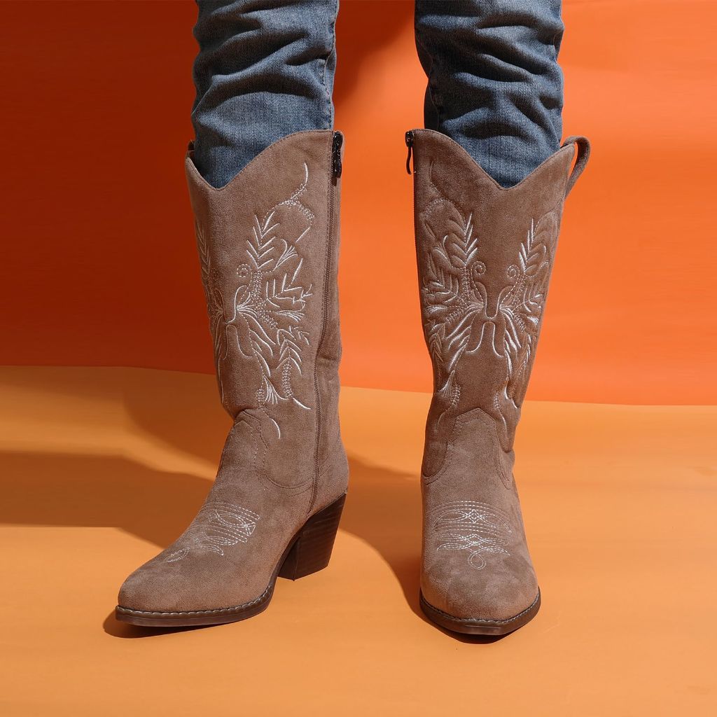 Gioanroca Cowboy Boots Classic Embroidered Pointy Toe Cowgirl Boot, Mid Calf Side Zipper (Beige Size 10)