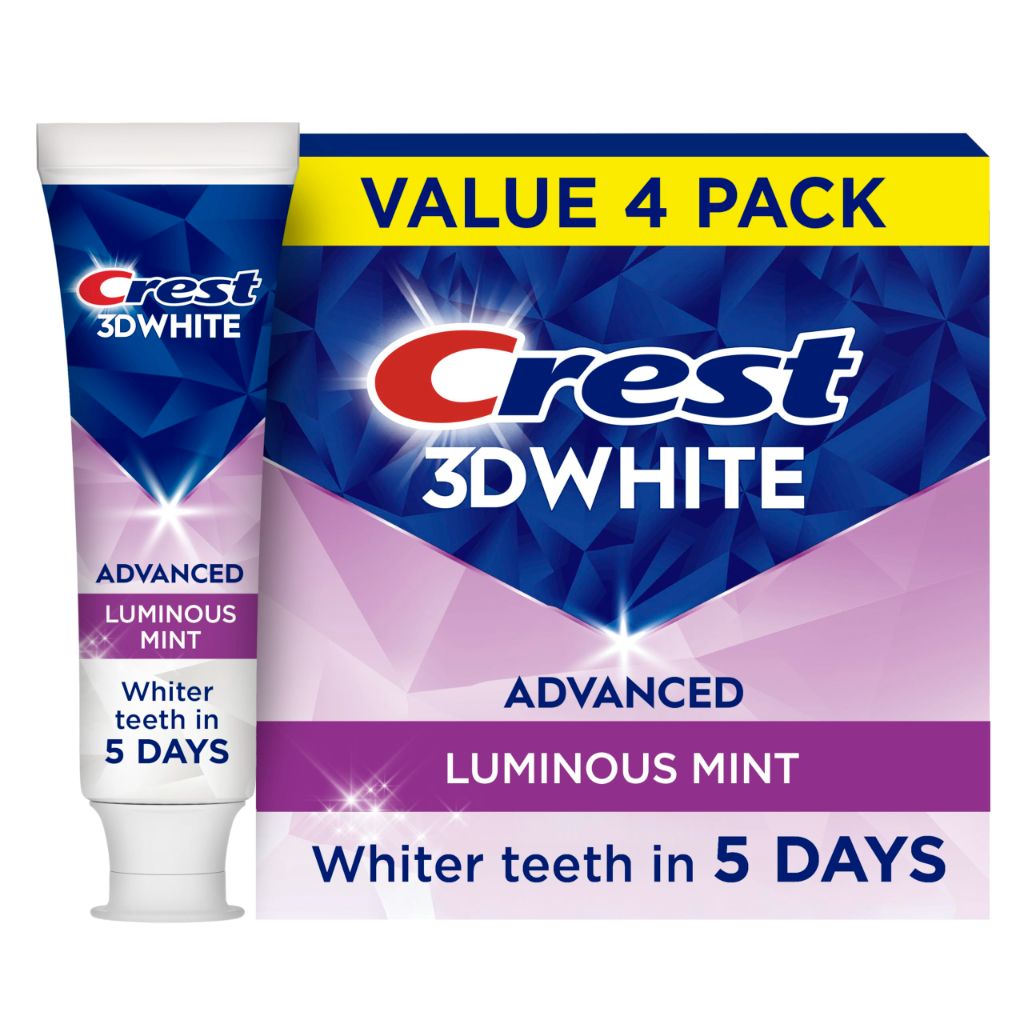 Crest 3D White Advanced Luminous Mint Teeth Whitening Toothpaste, Crest Toothpaste, 3.7 oz Pack of 4
