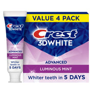 Crest 3D White Advanced Luminous Mint Teeth Whitening Toothpaste, Crest Toothpaste, 3.7 oz Pack of 4