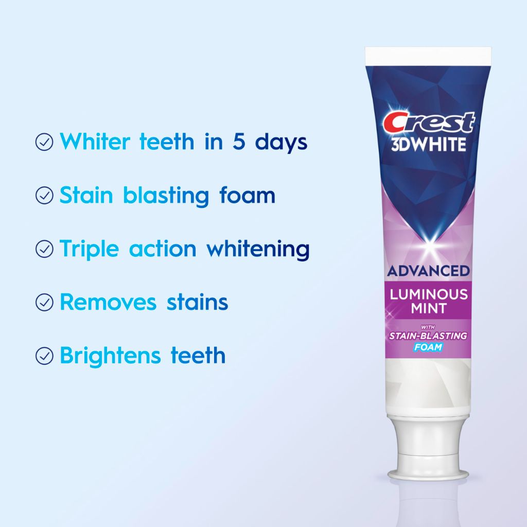Crest 3D White Advanced Luminous Mint Teeth Whitening Toothpaste, Crest Toothpaste, 3.7 oz Pack of 4