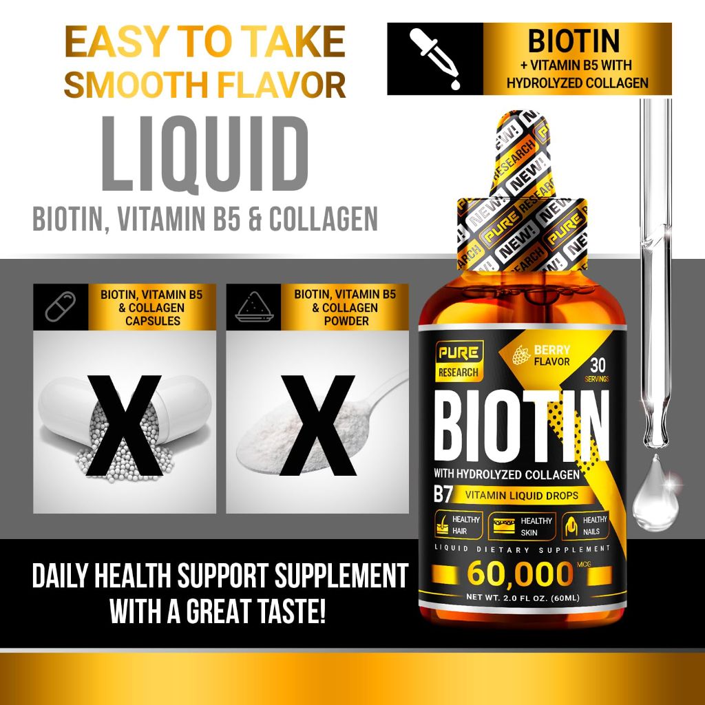 Pure Research Liquid Biotin & Collagen Hair Growth Drops 60,000mcg - 2 fl. oz.