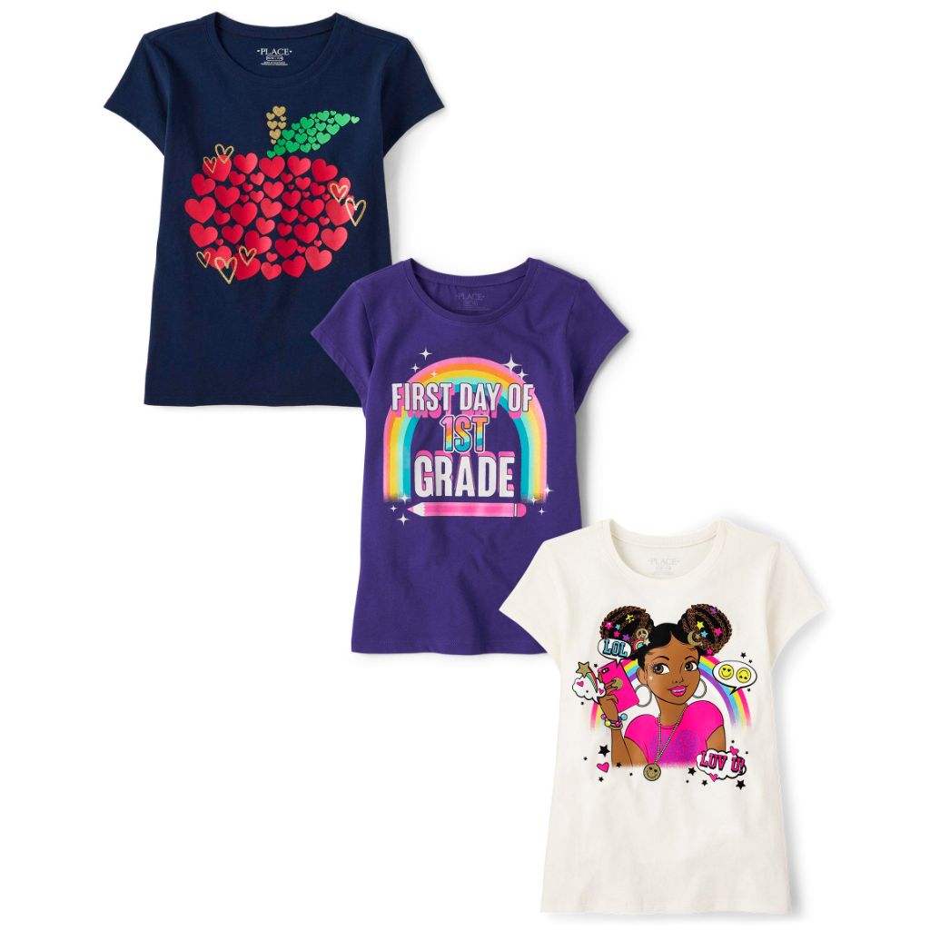 The Children's Place Girl's Short Sleeve Graphic T-Shirts - "1st Grade", XS (3 Pack)