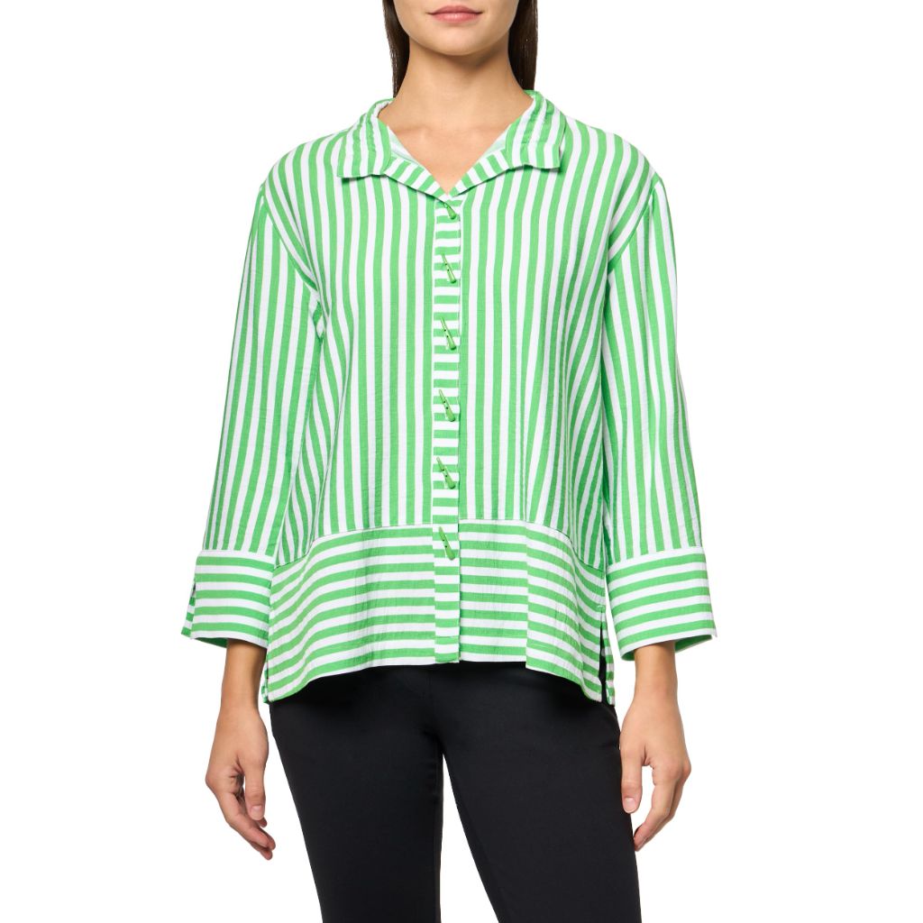 Multiples Women's Turn-Up Cuff Three Quarters Sleeves Wire Collar Button Front Shirt - Green, Large