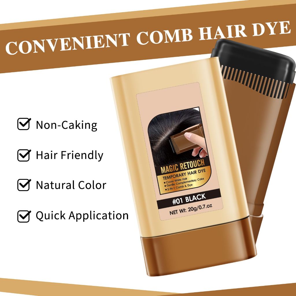 Tuz Black Sesame Temporary Hair Dye Magic Retouch Comb - #01 Black, 0.7 fl. oz. (2 Pack)
