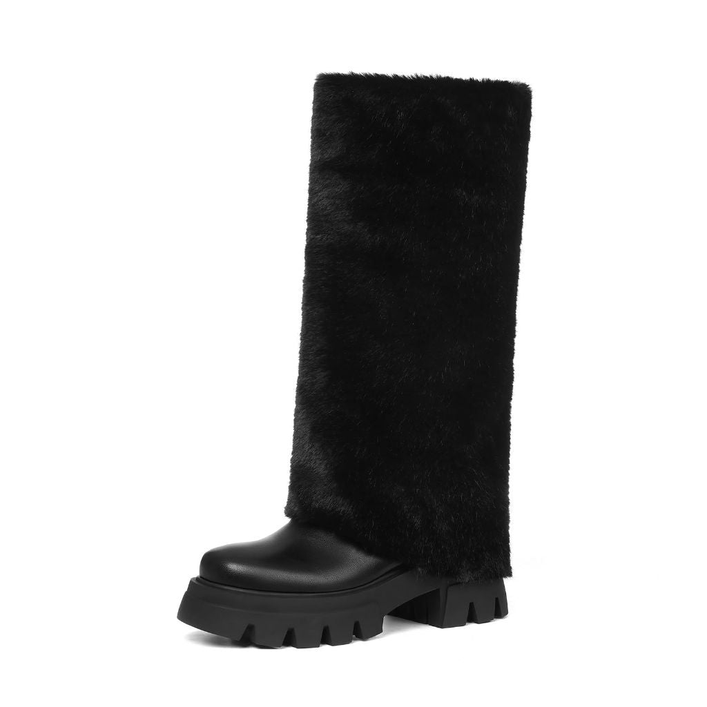 Black Knee High Heel Faux Fur Boots for Women Round Toe Chunky Platform Lug Sole  Size 8.5