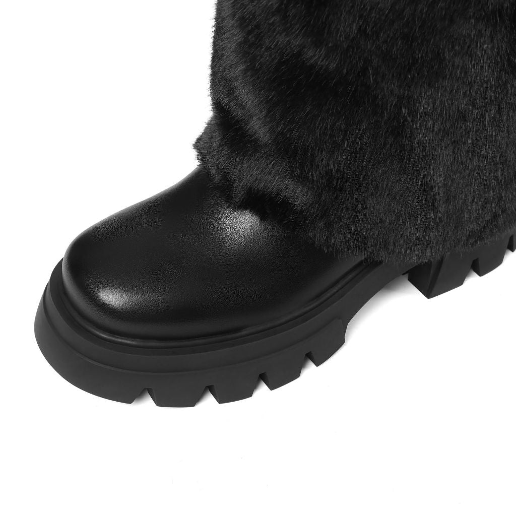 Black Knee High Heel Faux Fur Boots for Women Round Toe Chunky Platform Lug Sole  Size 8.5