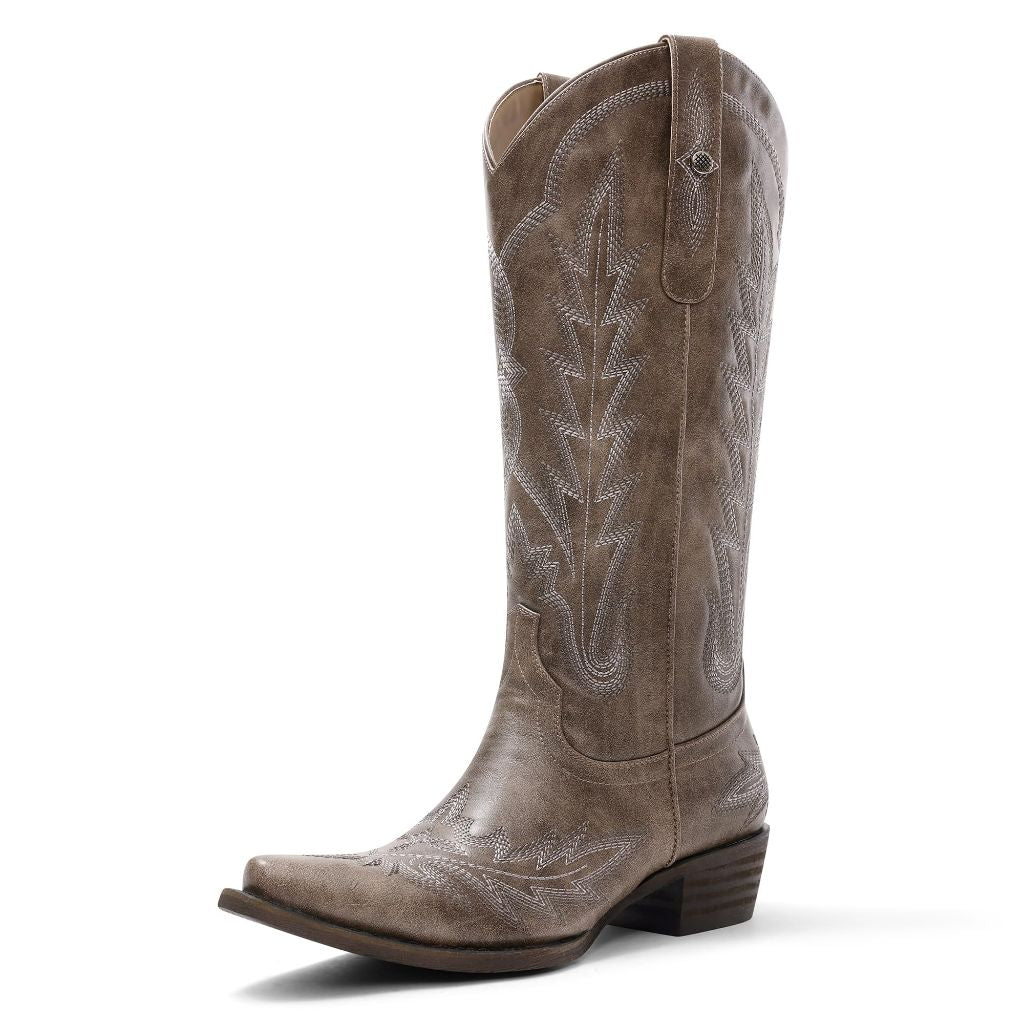 USIMAD Cowboy Boots Pull On Mid Calf Embroidery Pointy Toe, Brown, SZ 11