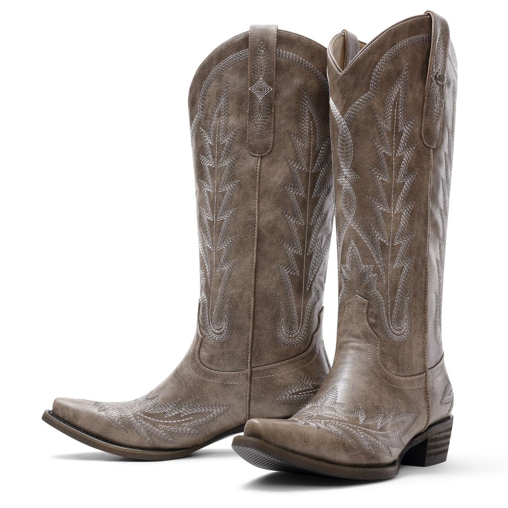 USIMAD Cowboy Boots Pull On Mid Calf Embroidery Pointy Toe, Brown, SZ 11