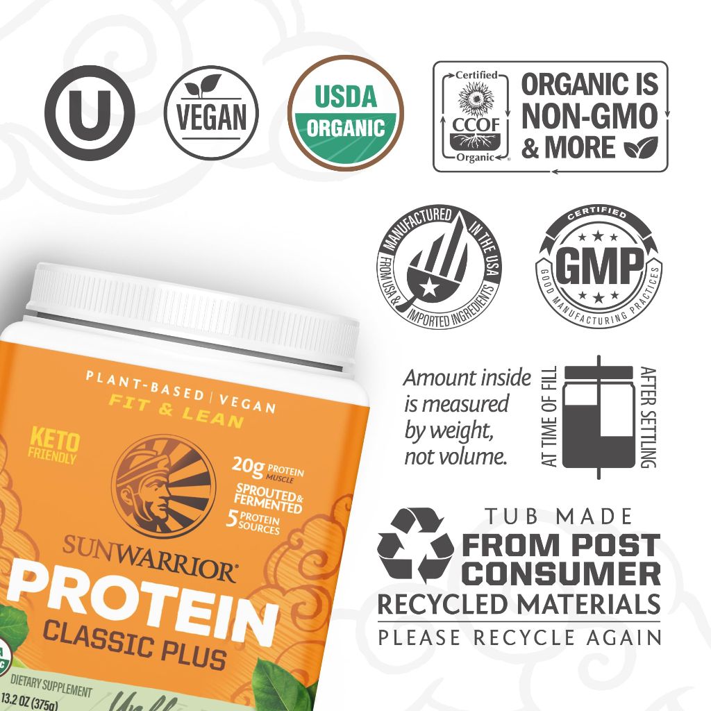 Sunwarrior Classic Plus Clean Vega Protein Powder - Unflavored, 13oz (15svgs)