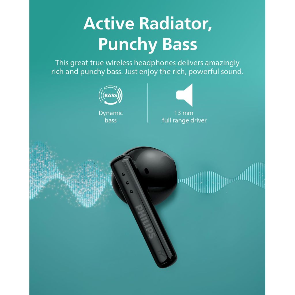 Philips TAT1139 True Wireless Earbuds, 13 mm Driver, Clear Call with AI Mic, 26-Hour Battery Life - Black
