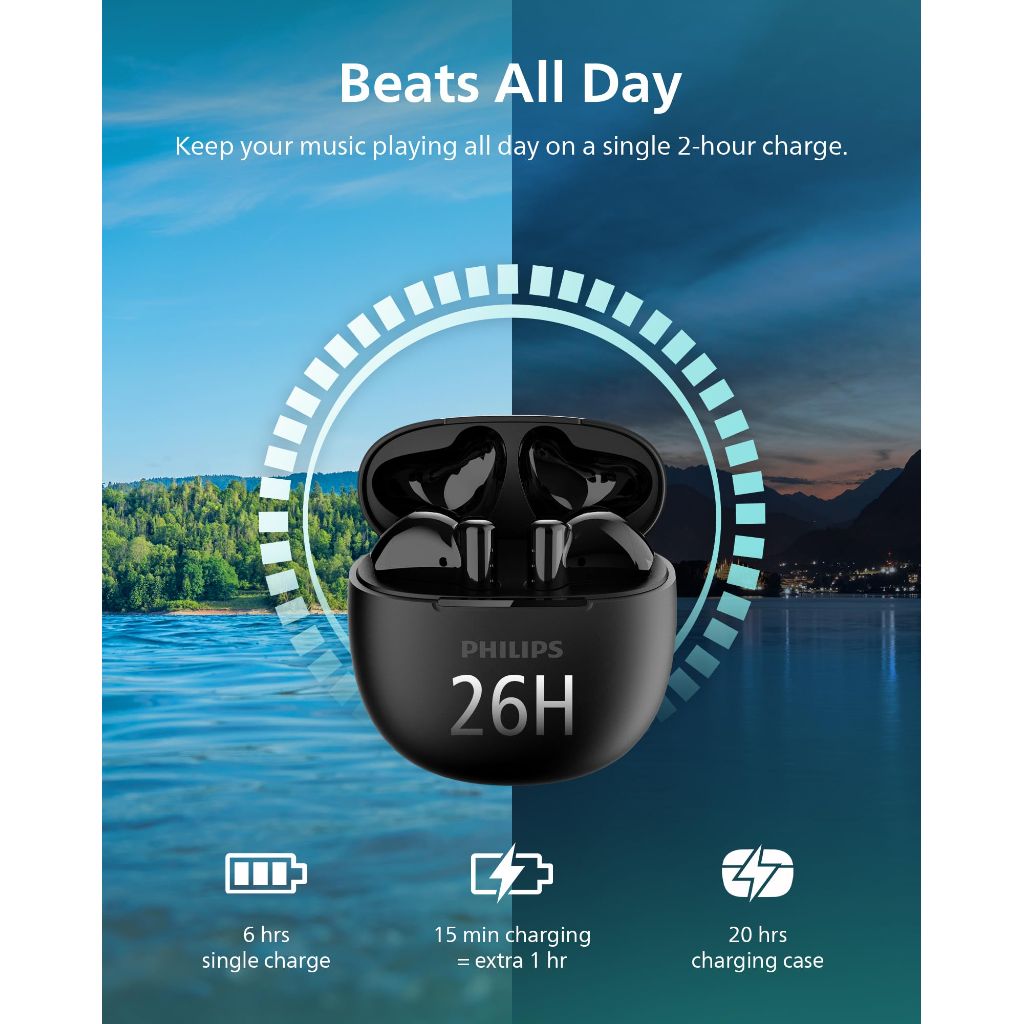 Philips TAT1139 True Wireless Earbuds, 13 mm Driver, Clear Call with AI Mic, 26-Hour Battery Life - Black
