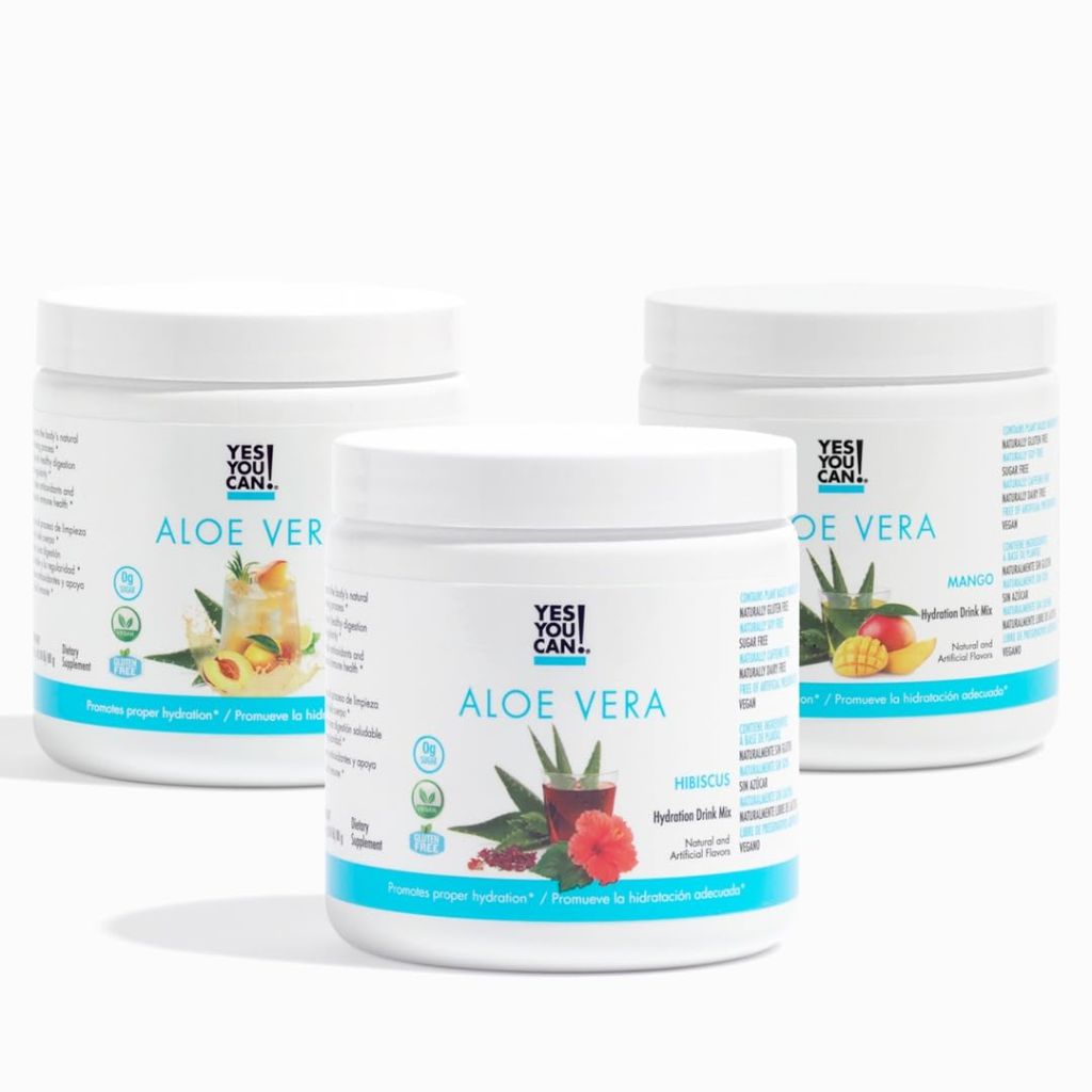 Yes You Can! Aloe Vera Powder Drink Mix - 3 Flavor Variety Pack with Water Bottle (40 Servings Each)