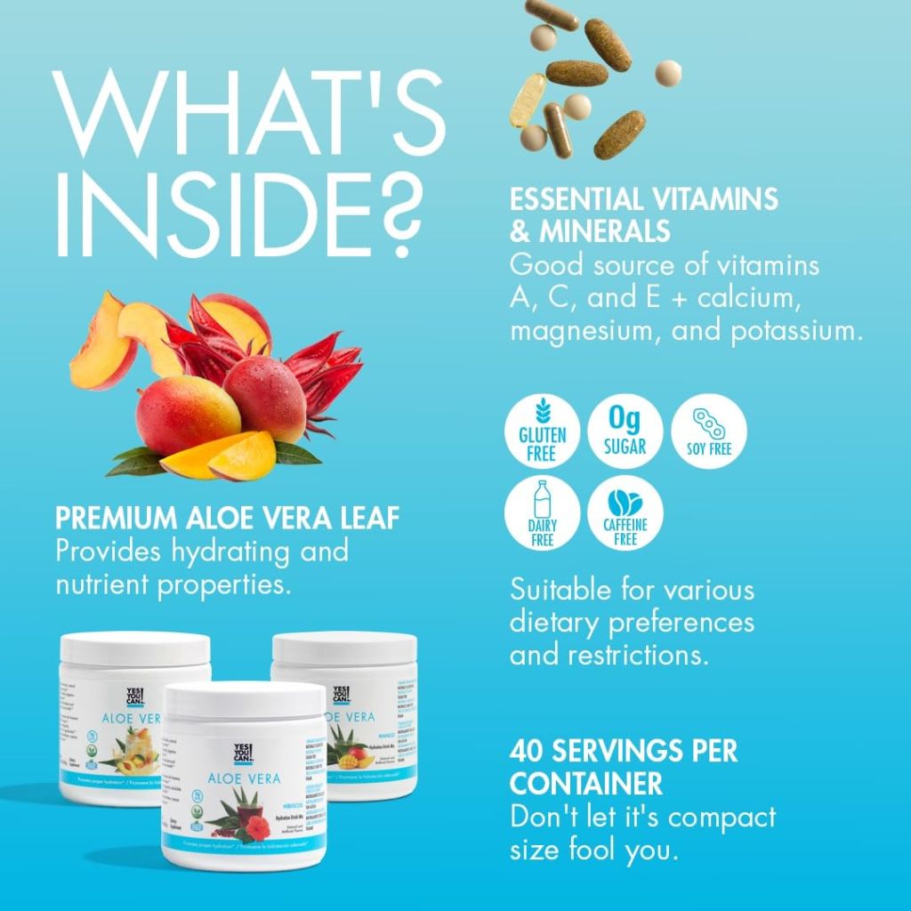 Yes You Can! Aloe Vera Powder Drink Mix - 3 Flavor Variety Pack with Water Bottle (40 Servings Each)