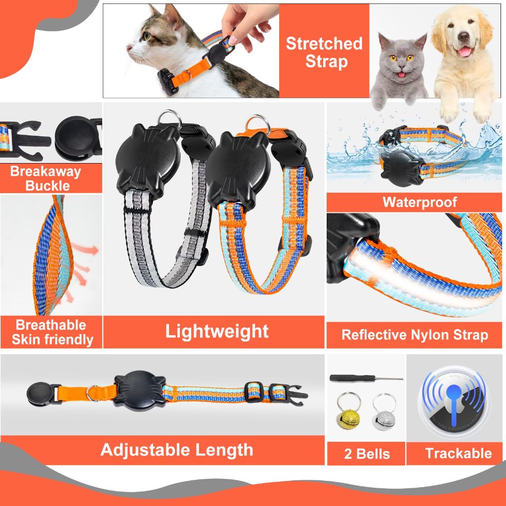 AirTag Cat Collar - Integrated Cat Collar with Bells & AirTag Holder - Multi-Color, XS