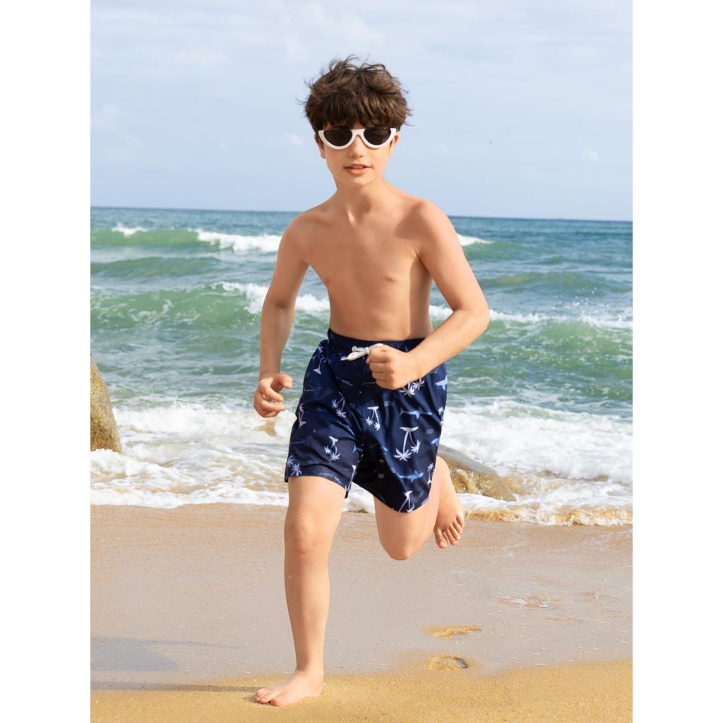 Angel Season Boys Swim Trunks with Compression Liner - Dark Blue Shark, 9-10yrs.